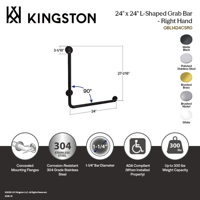 Kingston Tulare GBL1424CSR1 - Made To Match 24-Inch x 24-Inch L-Shaped Stainless Steel ADA Grab Bar - Right Hand, Mirror