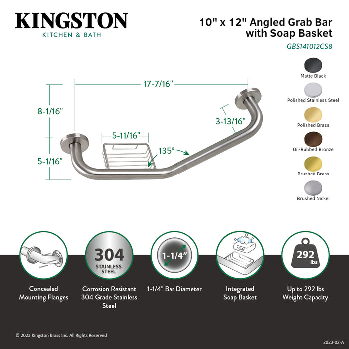 Kingston Sona GBS141012CS8 - Meridian 10-Inch x 12-Inch Angled Stainless Steel Grab Bar with Soap Holder, Brushed Nickel