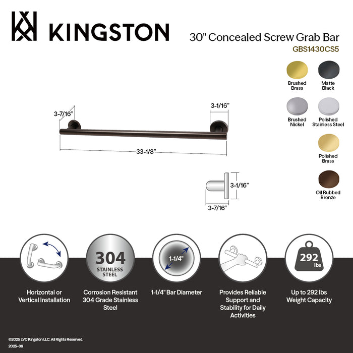 Kingston Sona GBS1430CS2 - Berwyn 30-Inch x 1-1/4-Inch O.D. Stainless Steel Grab Bar, Polished Brass