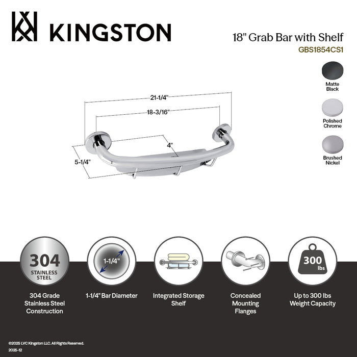Kingston Sona GBS1854CS8 - Meridian 18-Inch x 1-1/4-Inch O.D. Stainless Steel Grab Bar with Shelf, Brushed Nickel