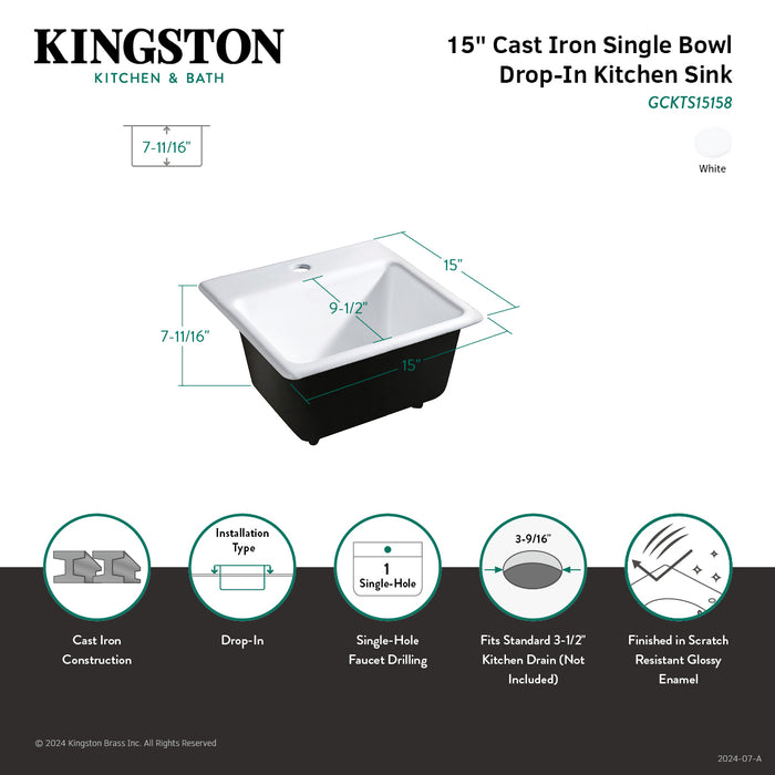 Kingston Heirloom GCKTS15158 - Towne 15-Inch Cast Iron Self-Rimming Single Bowl Drop-In Kitchen Sink (1 Hole), White