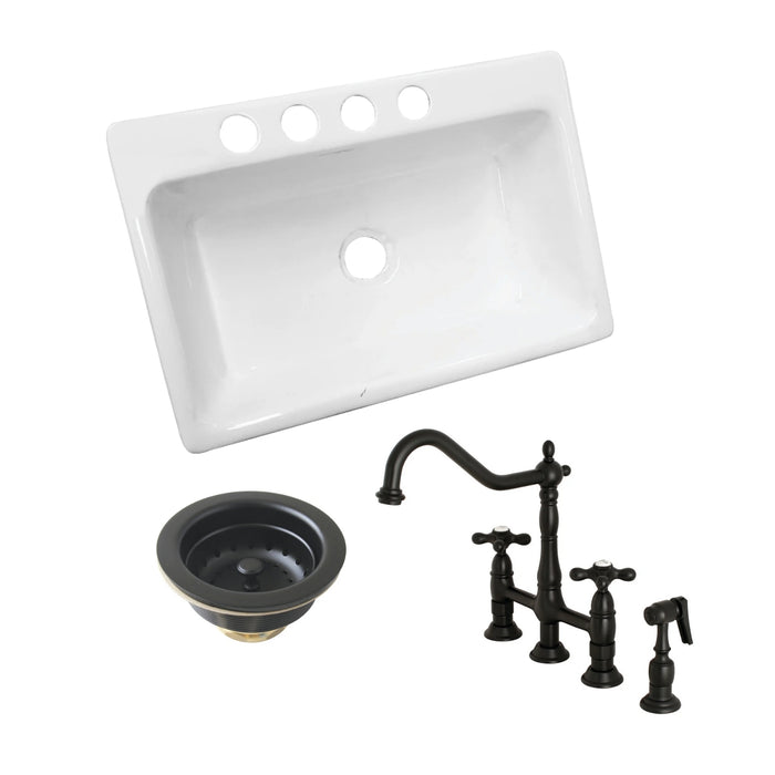 Towne 33-Inch Cast Iron Undermount Single Bowl Kitchen Sink with Deck Mount Bridge Kitchen Faucet with Brass Side Sprayer and Basket Strainer, Matte Black