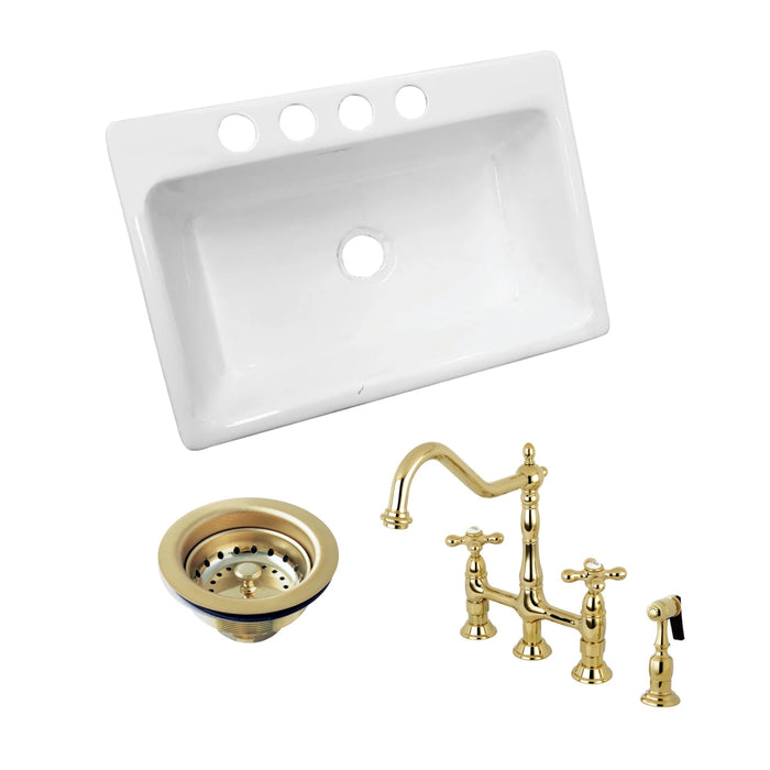 Towne 33-Inch Cast Iron Undermount Single Bowl Kitchen Sink with Deck Mount Bridge Kitchen Faucet with Brass Side Sprayer and Basket Strainer, Polished Brass