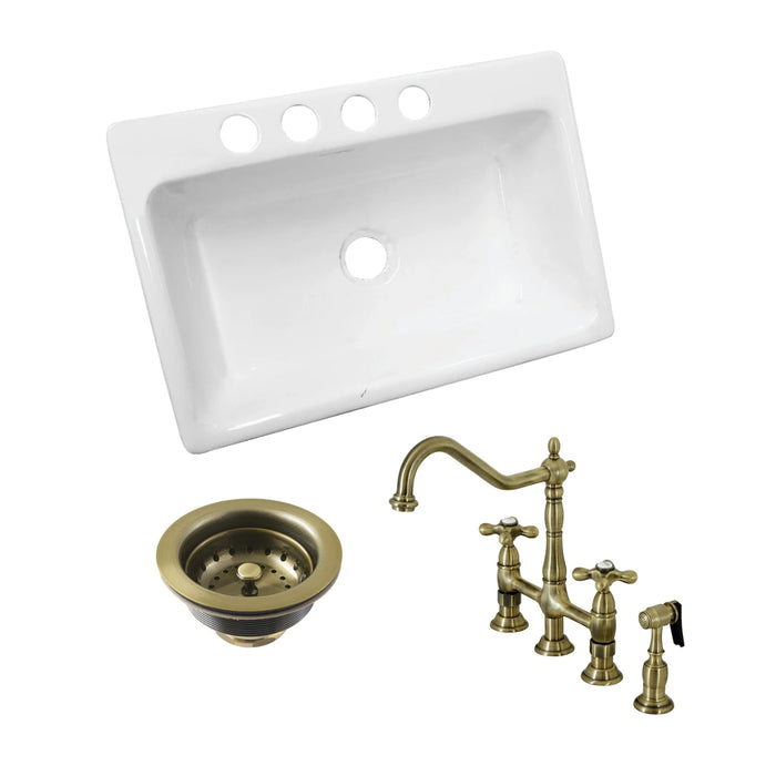 Towne 33-Inch Cast Iron Undermount Single Bowl Kitchen Sink with Deck Mount Bridge Kitchen Faucet with Brass Side Sprayer and Basket Strainer, Antique Brass
