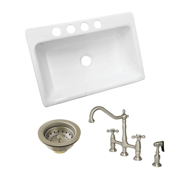 Towne 33-Inch Cast Iron Undermount Single Bowl Kitchen Sink with Deck Mount Bridge Kitchen Faucet with Brass Side Sprayer and Basket Strainer, Brushed Nickel