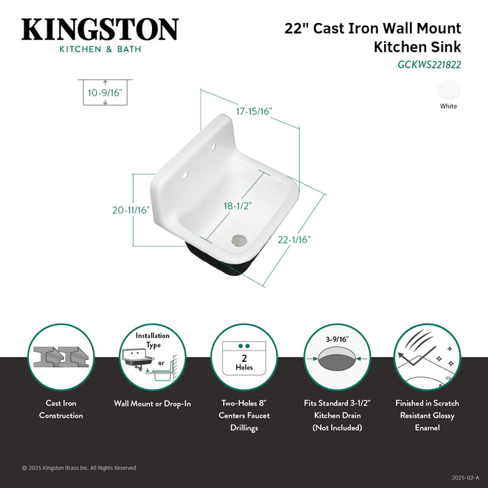 Kingston Heirloom GCKWS221822 - Petra Galley 22-Inch Cast Iron Single Bowl Wall Mount Kitchen Sink (2-Hole), White