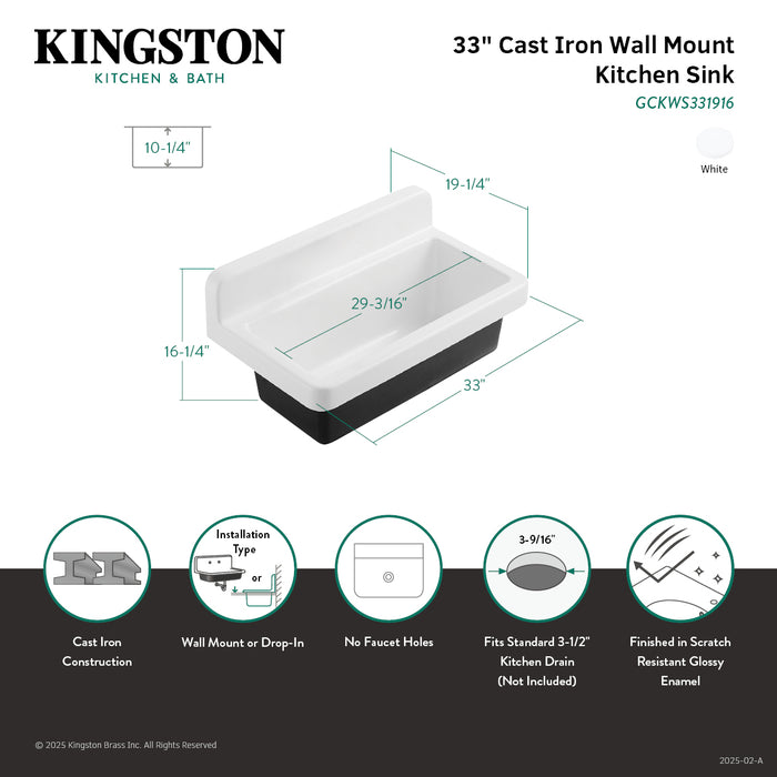 Petra Galley GCKWS331916 33-Inch Cast Iron Single Bowl Wall Mount Kitchen Sink, White