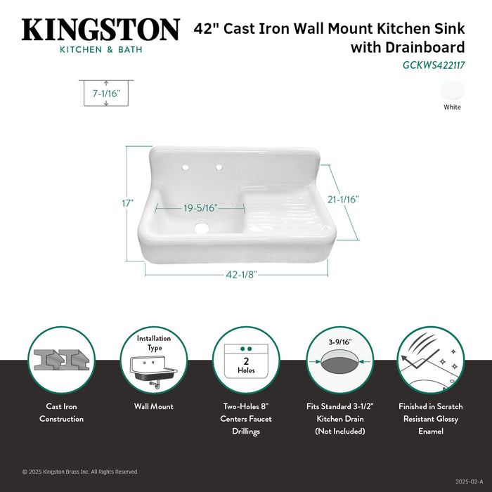 Petra Galley GCKWS422117 42-Inch Cast Iron Single Bowl Wall Mount Kitchen Sink with Drainboard, White