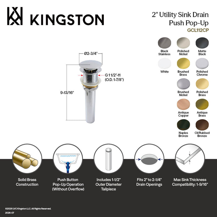 Kingston Sona GCL112AC - Trimscape Brass Pop Up Drain for Cast Iron Utility Sink, Antique Copper