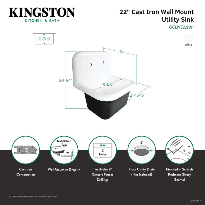 Kingston Heirloom GCLWS221811 - Petra Galley 22-Inch Cast Iron Single Bowl Wall Mount Utility Sink, White