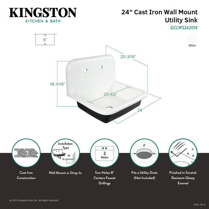 Kingston Heirloom GCLWS242019 - Petra Galley 24-Inch Cast Iron Single Bowl Wall Mount Utility Sink (2-Hole), White