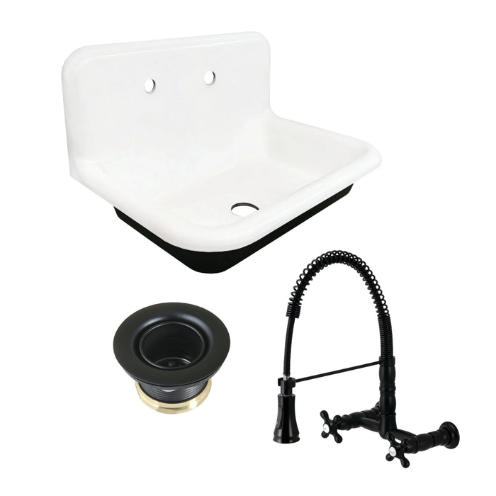 Towne 30-Inch Cast Iron Wall Mount Single Bowl Kitchen Sink with Wall-Mount Bridge Kitchen Faucet and Basket Strainer, Matte Black