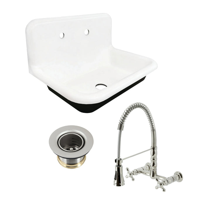 Towne 30-Inch Cast Iron Wall Mount Single Bowl Kitchen Sink with Wall-Mount Bridge Kitchen Faucet and Basket Strainer, Polished Nickel