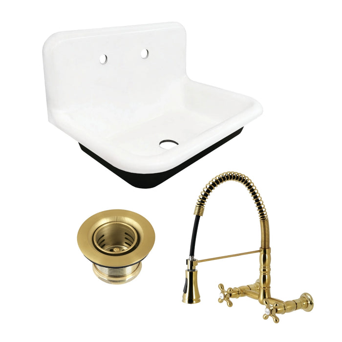 Towne 30-Inch Cast Iron Wall Mount Single Bowl Kitchen Sink with Wall-Mount Bridge Kitchen Faucet and Basket Strainer, Brushed Brass
