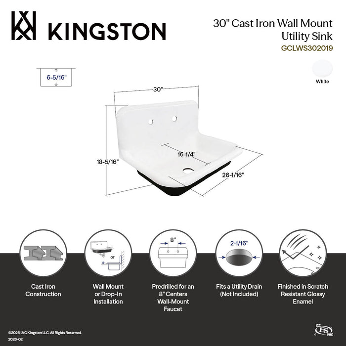 Kingston Heirloom GCLWS302019 - Towne 30-Inch Cast Iron Single Bowl Wall Mount Utility Sink (2-Hole), White