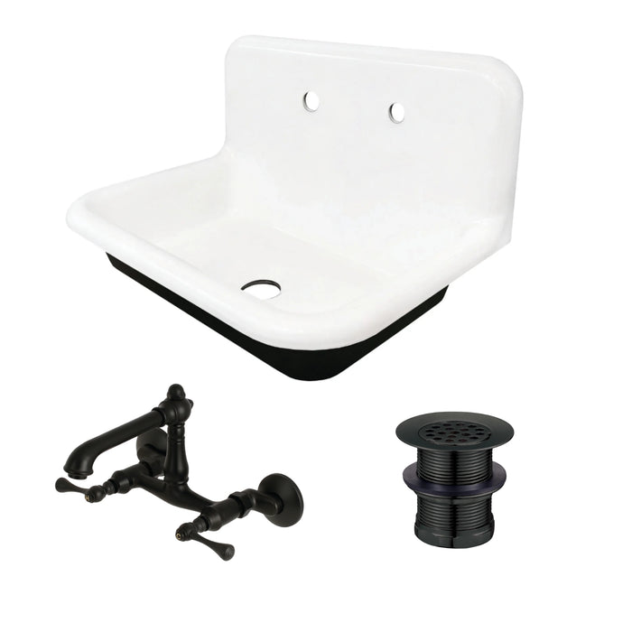 Towne 30-Inch Cast Iron Wall Mount Single Bowl Kitchen Sink with Wall-Mount Bridge Kitchen Faucet and Basket Strainer, Matte Black