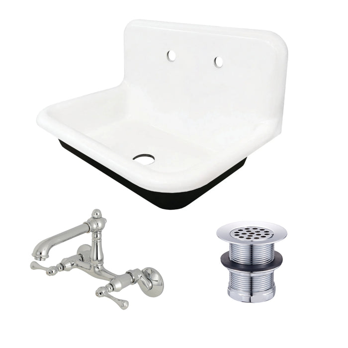 Towne 30-Inch Cast Iron Wall Mount Single Bowl Kitchen Sink with Wall-Mount Bridge Kitchen Faucet and Basket Strainer, Polished Chrome