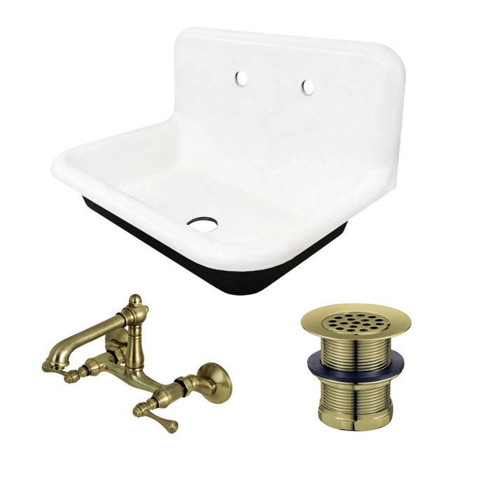 Towne 30-Inch Cast Iron Wall Mount Single Bowl Kitchen Sink with Wall-Mount Bridge Kitchen Faucet and Basket Strainer, Antique Brass