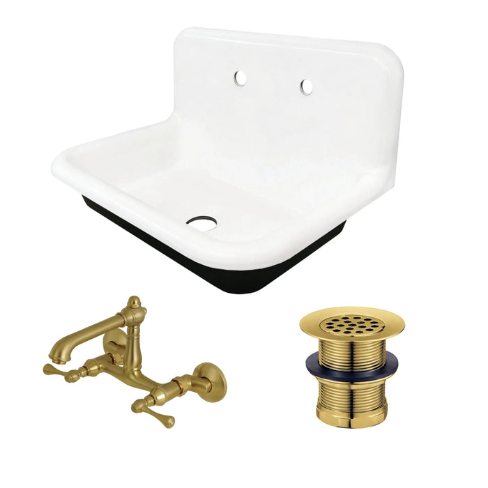 Towne 30-Inch Cast Iron Wall Mount Single Bowl Kitchen Sink with Wall-Mount Bridge Kitchen Faucet and Basket Strainer, Brushed Brass