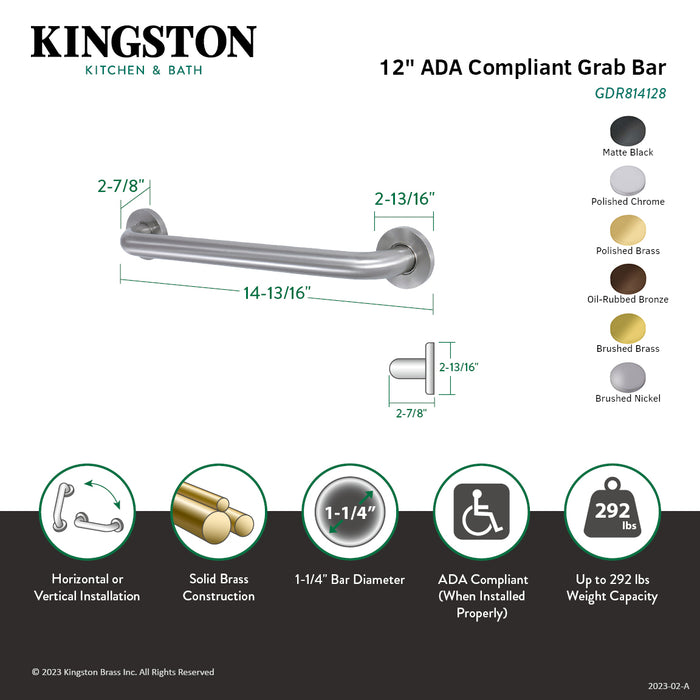 Kingston Sona GDR814121 - Silver Sage 12-Inch x 1-1/4-Inch O.D. Brass ADA Grab Bar, Polished Chrome