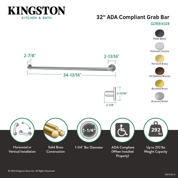 Kingston Sona GDR814328 - Silver Sage 32-Inch x 1-1/4-Inch O.D. Brass ADA Grab Bar, Brushed Nickel