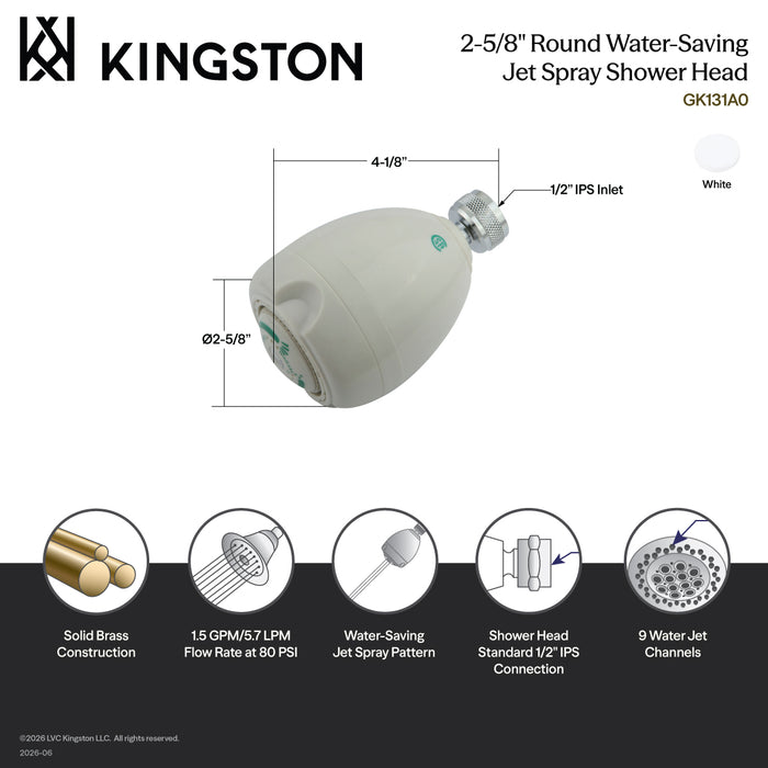 Kingston Greenseal GK131A0 2-5/8-Inch Round Water-Saving Jet Spray Brass Shower Head, White