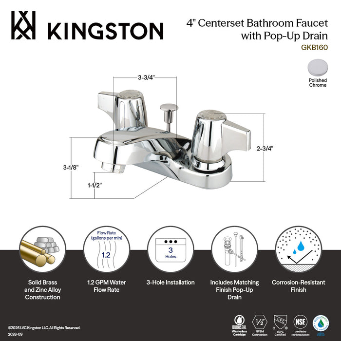 Kingston Tulare GKB160 - Americana Double-Handle 3-Hole Deck Mount 4-Inch Centerset Bathroom Faucet with ABS Pop-Up Drain, Polished Chrome