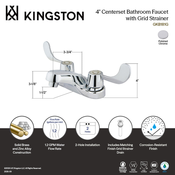 Kingston Vista GKB181G Double-Handle 3-Hole Deck Mount 4-Inch Centerset Bathroom Faucet with Grid Strainer, Polished Chrome