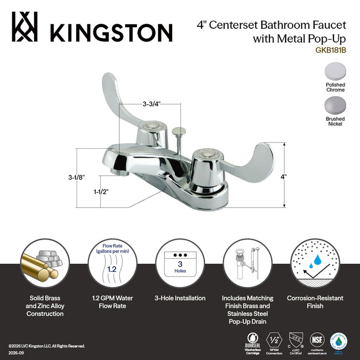 Kingston Tulare GKB188B - Vista Double-Handle 3-Hole Deck Mount 4-Inch Centerset Bathroom Faucet with Brass Pop-Up, Brushed Nickel