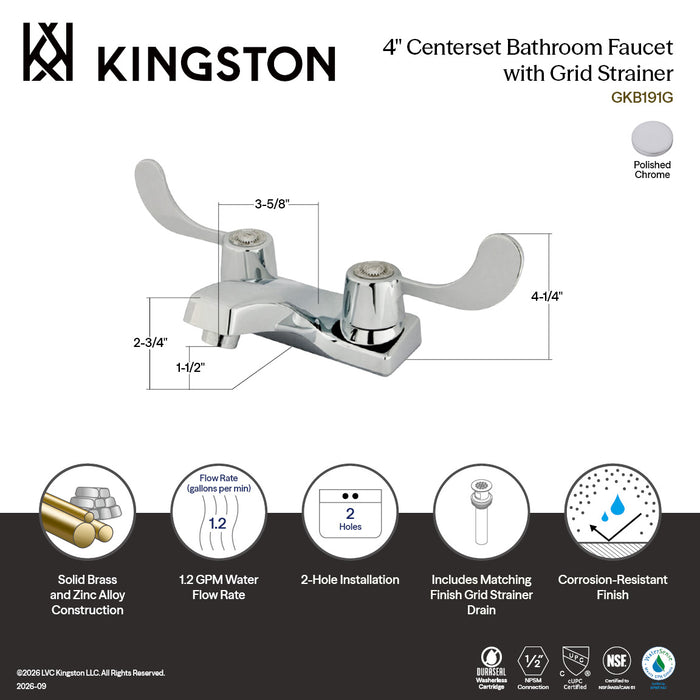 Kingston Americana GKB191G Double-Handle 3-Hole Deck Mount 4-Inch Centerset Bathroom Faucet with Grid Strainer, Polished Chrome