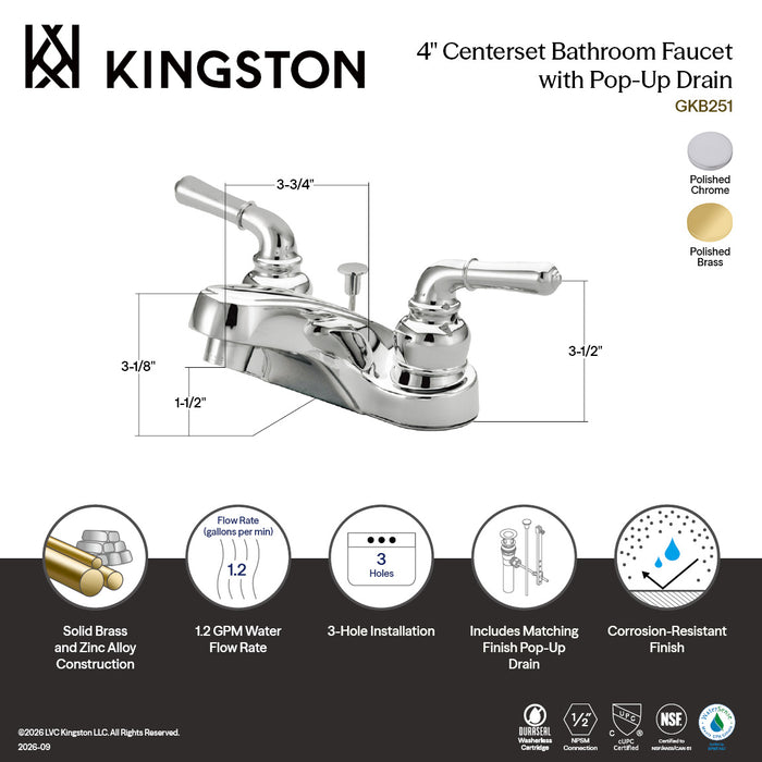 Kingston Tulare GKB251 - Magellan Double-Handle 3-Hole Deck Mount 4-Inch Centerset Bathroom Faucet with ABS Pop-Up Drain, Polished Chrome