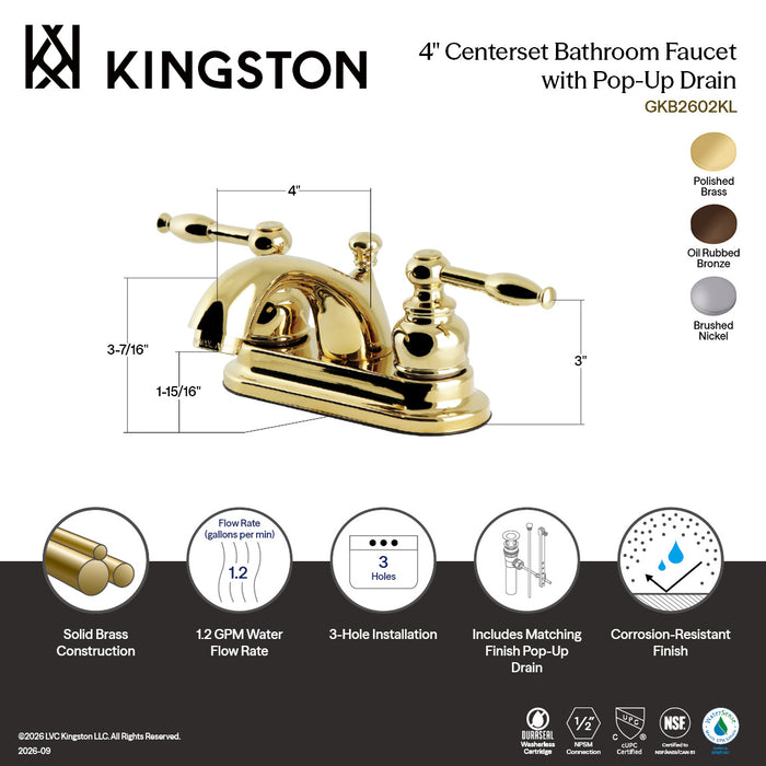 Kingston Tulare GKB2605KL - Knight Double-Handle 3-Hole Deck Mount 4-Inch Centerset Bathroom Faucet with Pop-Up Drain, Oil Rubbed Bronze