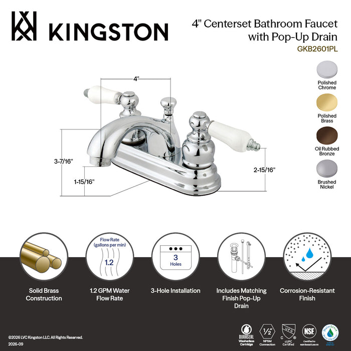 Kingston Heirloom GKB2605PL - Vintage Double-Handle 3-Hole Deck Mount 4-Inch Centerset Bathroom Faucet with Pop-Up Drain, Oil Rubbed Bronze