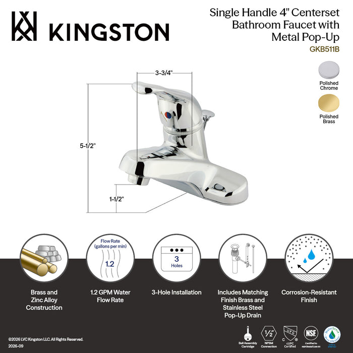 Kingston Tulare GKB511B - Wyndham Single-Handle 3-Hole Deck Mount 4-Inch Centerset Bathroom Faucet with Brass Pop-Up, Polished Chrome