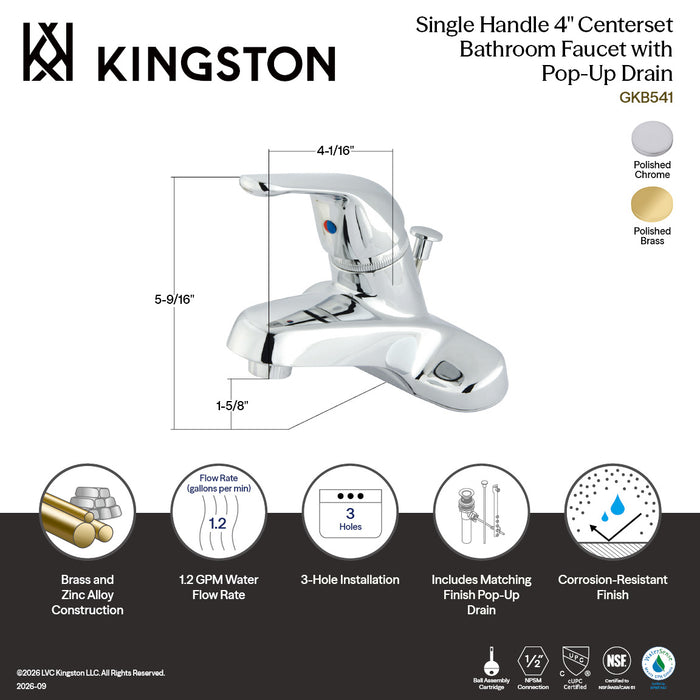Kingston Tulare GKB541 - Chatham Single-Handle 3-Hole Deck Mount 4-Inch Centerset Bathroom Faucet with ABS Pop-Up Drain, Polished Chrome