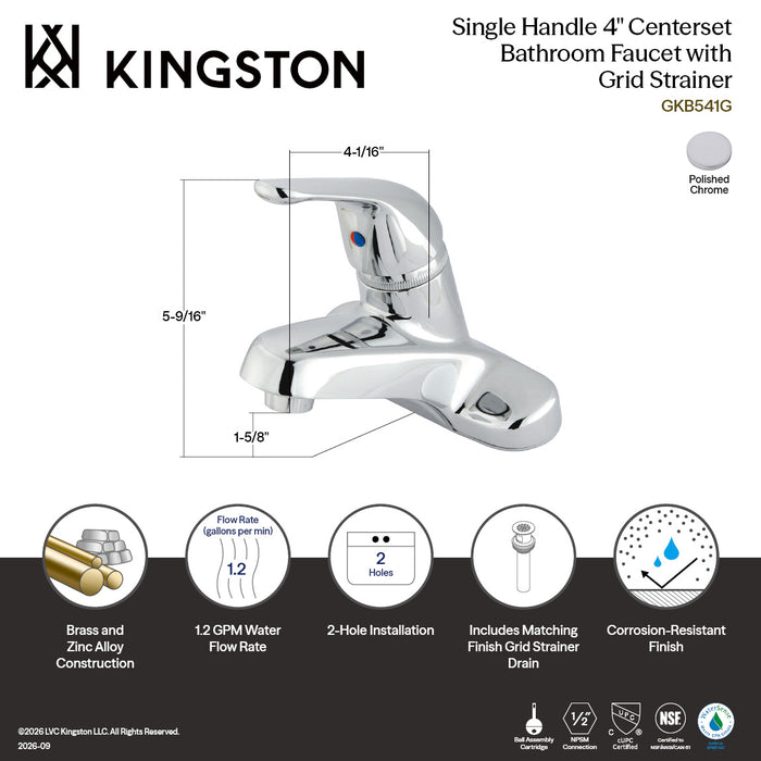 Kingston Chatham GKB541G Single-Handle 3-Hole Deck Mount 4-Inch Centerset Bathroom Faucet with Grid Strainer, Polished Chrome
