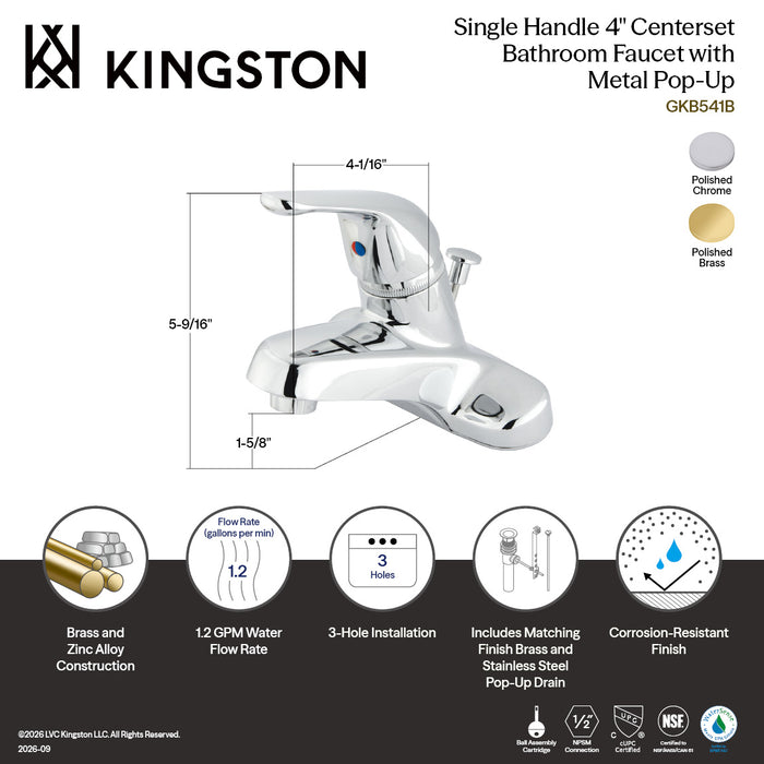 Kingston Tulare GKB542B - Chatham Single-Handle 3-Hole Deck Mount 4-Inch Centerset Bathroom Faucet with Brass Pop-Up, Polished Brass