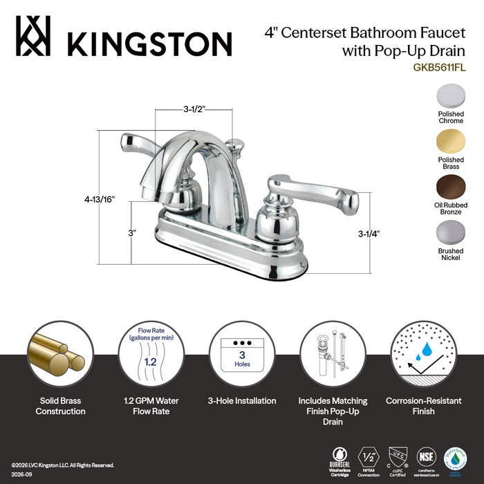 Kingston Tulare GKB5611FL - Royale Double-Handle 3-Hole Deck Mount 4-Inch Centerset Bathroom Faucet with Pop-Up Drain, Polished Chrome