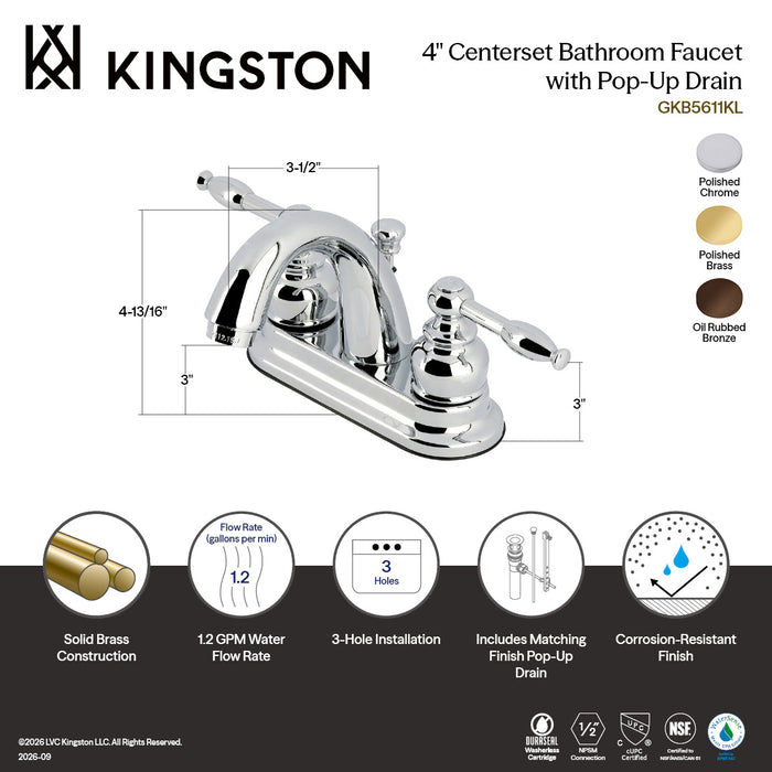 Kingston Tulare GKB5612KL - Knight Double-Handle 3-Hole Deck Mount 4-Inch Centerset Bathroom Faucet with Pop-Up Drain, Polished Brass