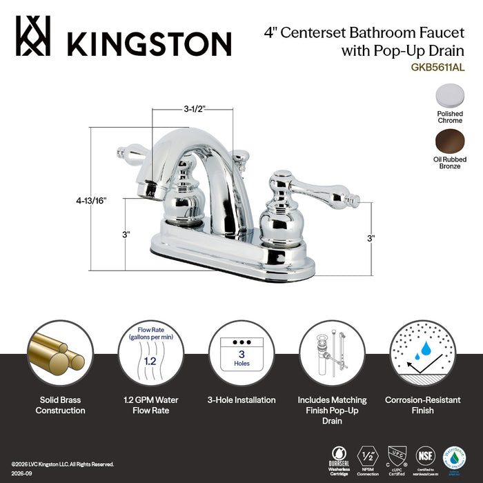 Kingston Heirloom GKB5615AL - Restoration Double-Handle 3-Hole Deck Mount 4-Inch Centerset Bathroom Faucet with Pop-Up Drain, Oil Rubbed Bronze