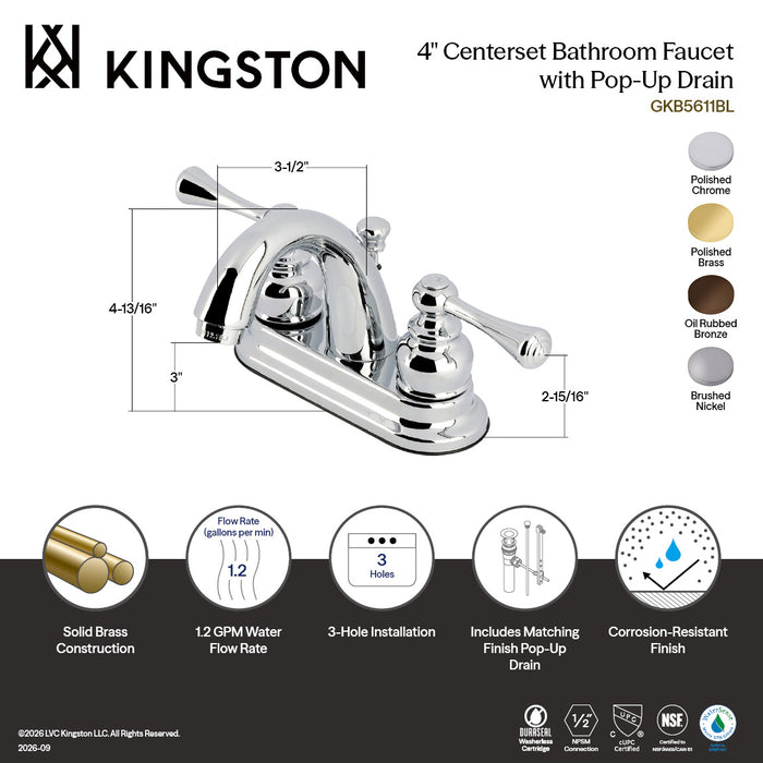 Kingston Tulare GKB5618BL - Vintage Double-Handle 3-Hole Deck Mount 4-Inch Centerset Bathroom Faucet with Pop-Up Drain, Brushed Nickel