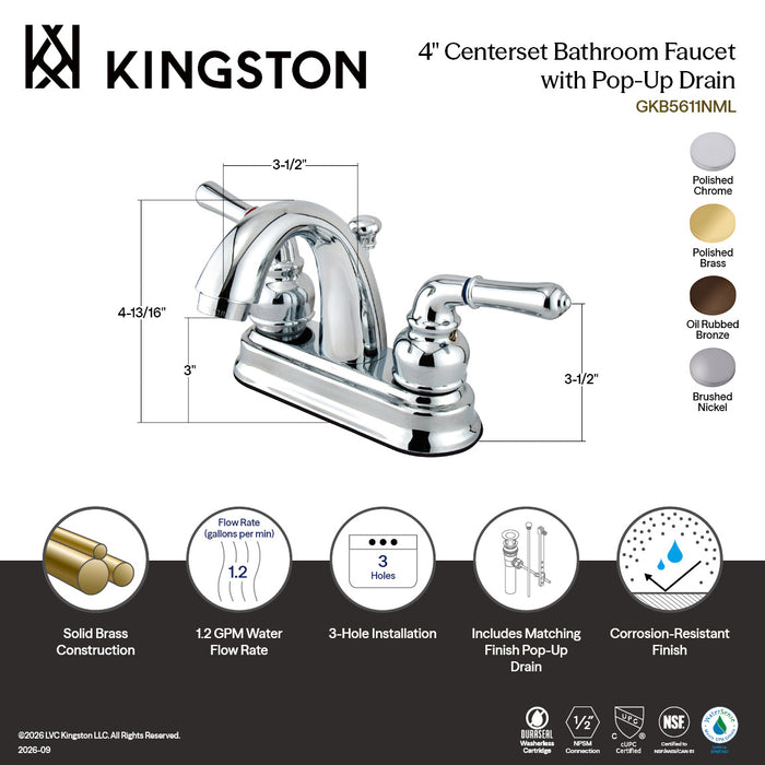 Kingston Heirloom GKB5618NML - Naples Double-Handle 3-Hole Deck Mount 4-Inch Centerset Bathroom Faucet with Pop-Up Drain, Brushed Nickel
