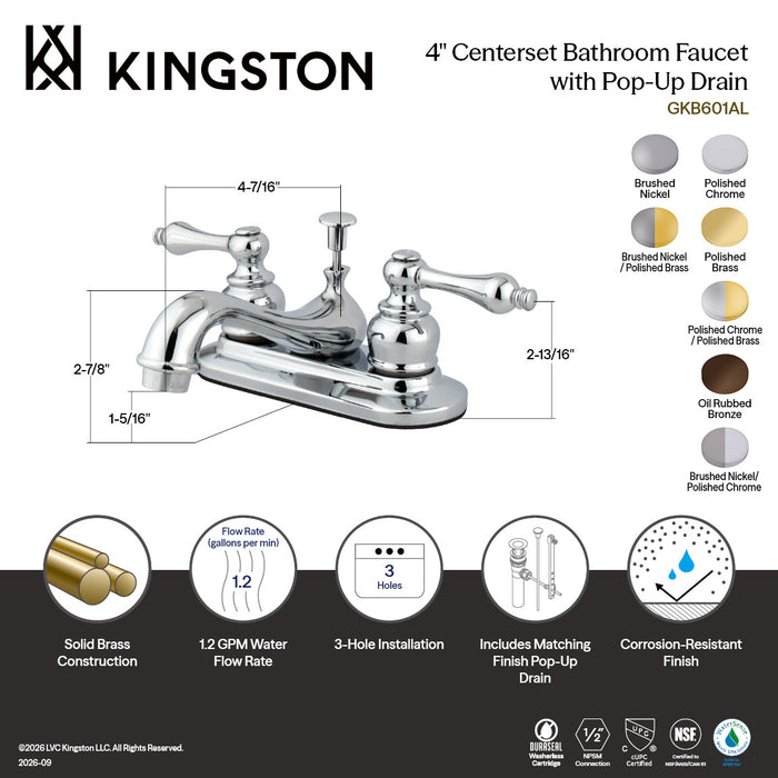 Kingston Heirloom GKB602AL - Restoration Double-Handle 3-Hole Deck Mount 4-Inch Centerset Bathroom Faucet with Pop-Up Drain, Polished Brass
