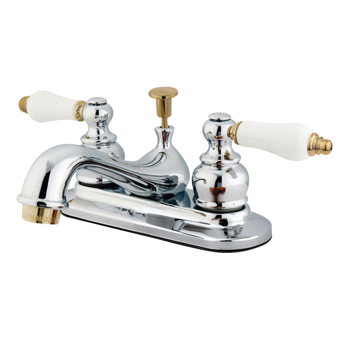 Kingston Heirloom GKB604B - Restoration Double-Handle 3-Hole Deck Mount 4-Inch Centerset Bathroom Faucet with Pop-Up Drain, Polished Chrome/Polished Brass