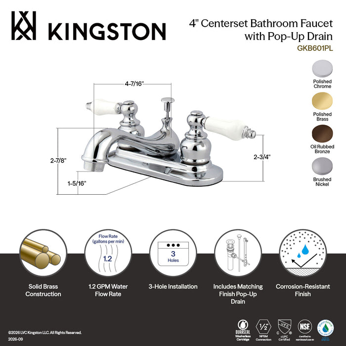 Kingston Heirloom GKB605PL - Restoration Double-Handle 3-Hole Deck Mount 4-Inch Centerset Bathroom Faucet with Pop-Up Drain, Oil Rubbed Bronze