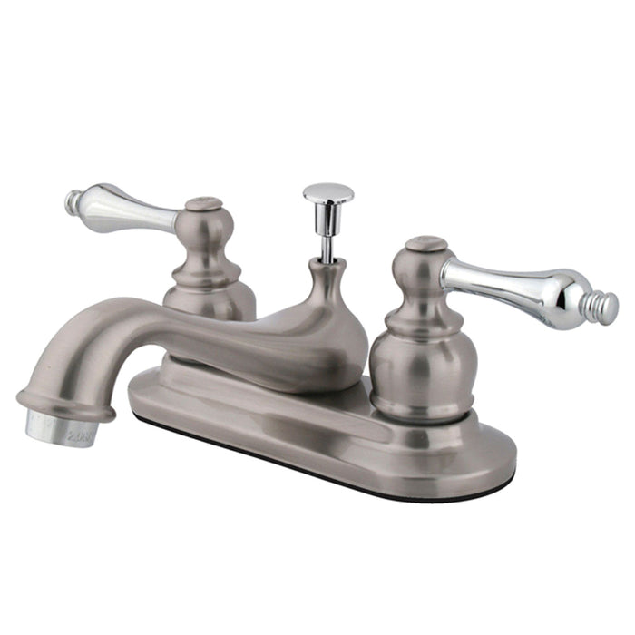 Kingston Heirloom GKB607AL - Restoration Double-Handle 3-Hole Deck Mount 4-Inch Centerset Bathroom Faucet with Pop-Up Drain, Brushed Nickel/Polished Chrome