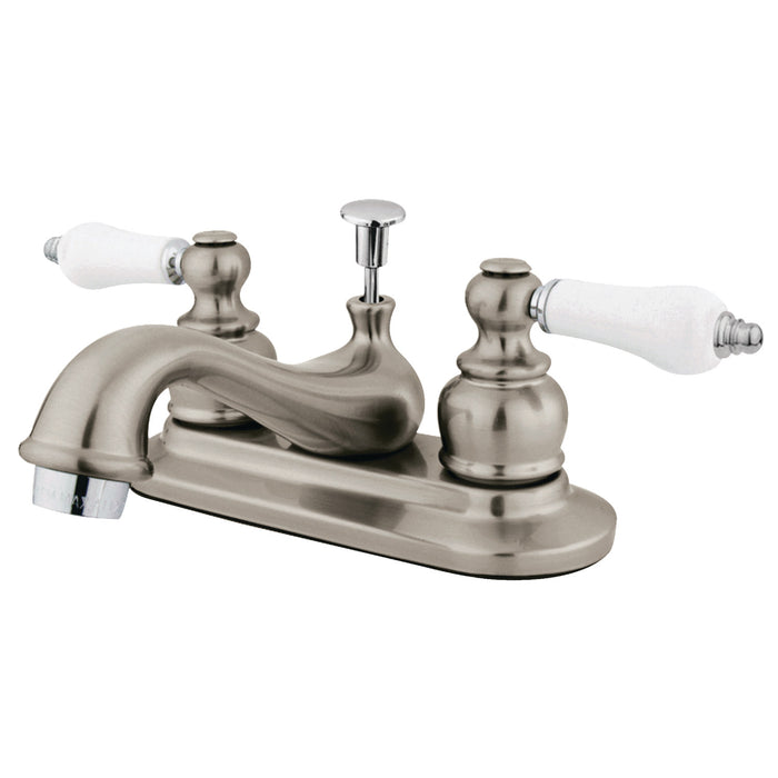 Kingston Heirloom GKB607B - Restoration Double-Handle 3-Hole Deck Mount 4-Inch Centerset Bathroom Faucet with Pop-Up Drain, Brushed Nickel/Polished Chrome