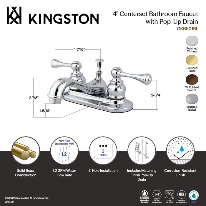 Kingston Tulare GKB608BL - Vintage Double-Handle 3-Hole Deck Mount 4-Inch Centerset Bathroom Faucet with Pop-Up Drain, Brushed Nickel