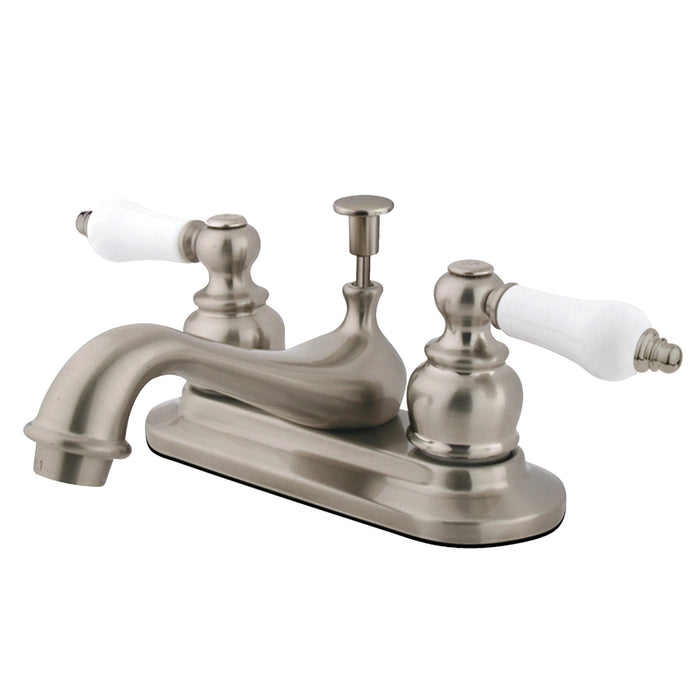 Kingston Heirloom GKB608B - Restoration Double-Handle 3-Hole Deck Mount 4-Inch Centerset Bathroom Faucet with Pop-Up Drain, Brushed Nickel