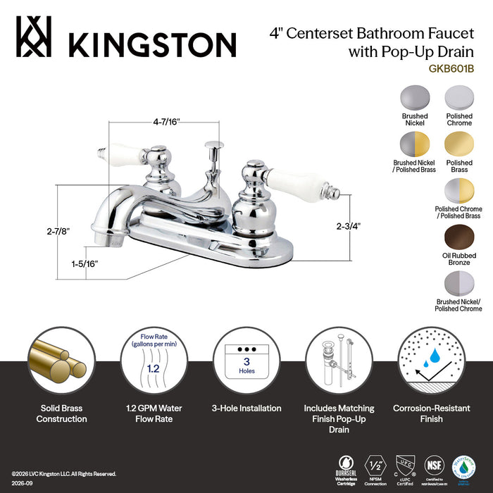 Kingston Heirloom GKB609B - Restoration Double-Handle 3-Hole Deck Mount 4-Inch Centerset Bathroom Faucet with Pop-Up Drain, Brushed Nickel/Polished Brass